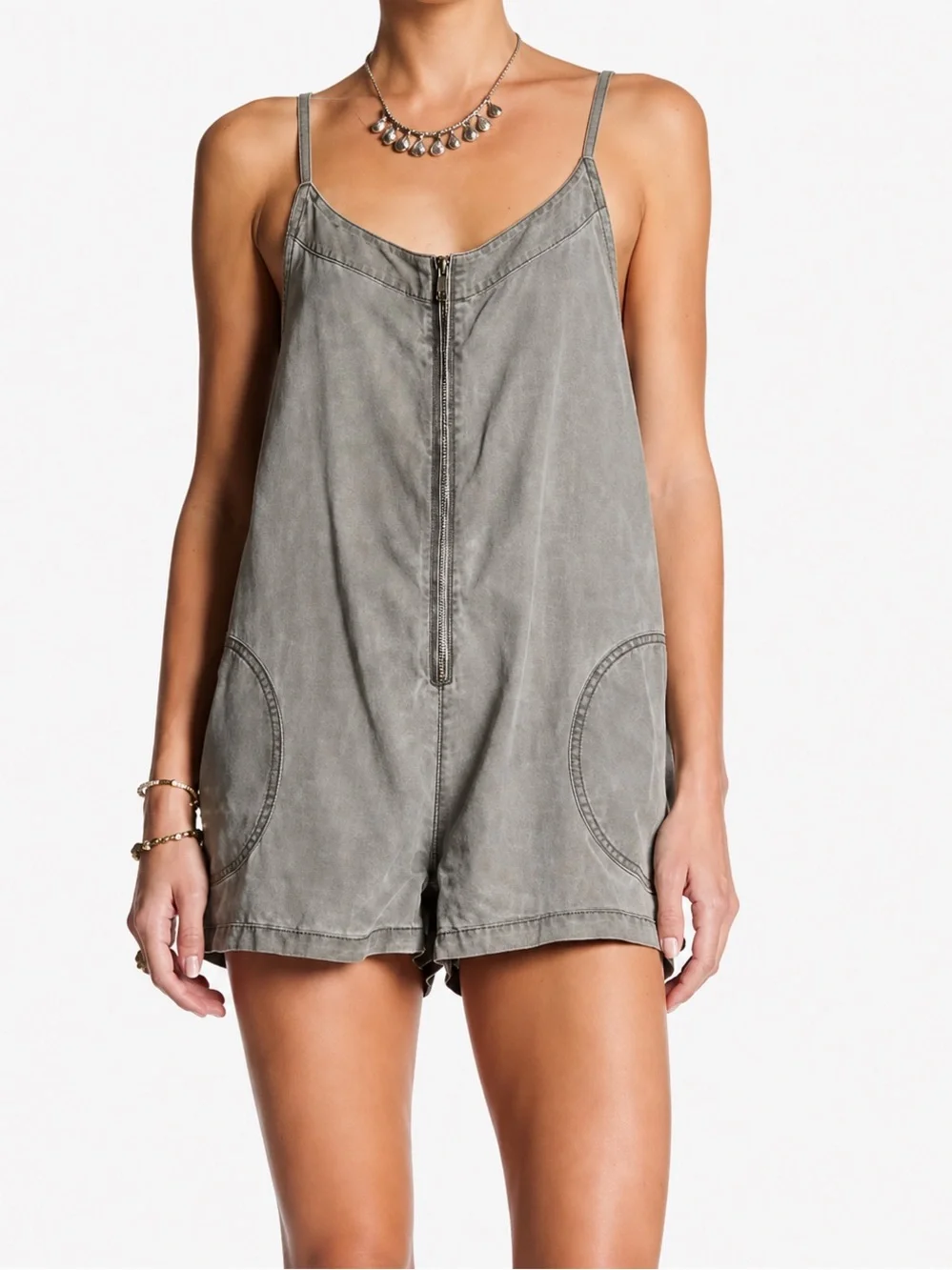 Free People Green Slouchy Drapey Lyocell Zip Front Romper Size Medium